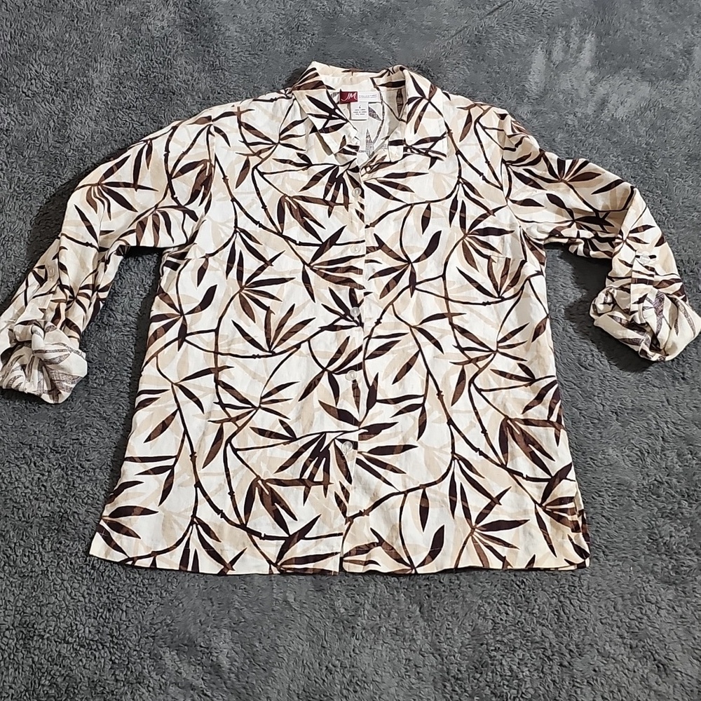 JM Collection 100% Linen Button Up Shirt Nuetral Bamboo Leaf Roll Up Sleeve 8